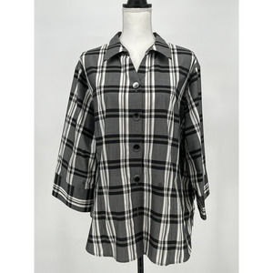Westbound Womens Blouse Sz 24W Button Front 3/4 Sleeve V-Neck‎ Black White Check